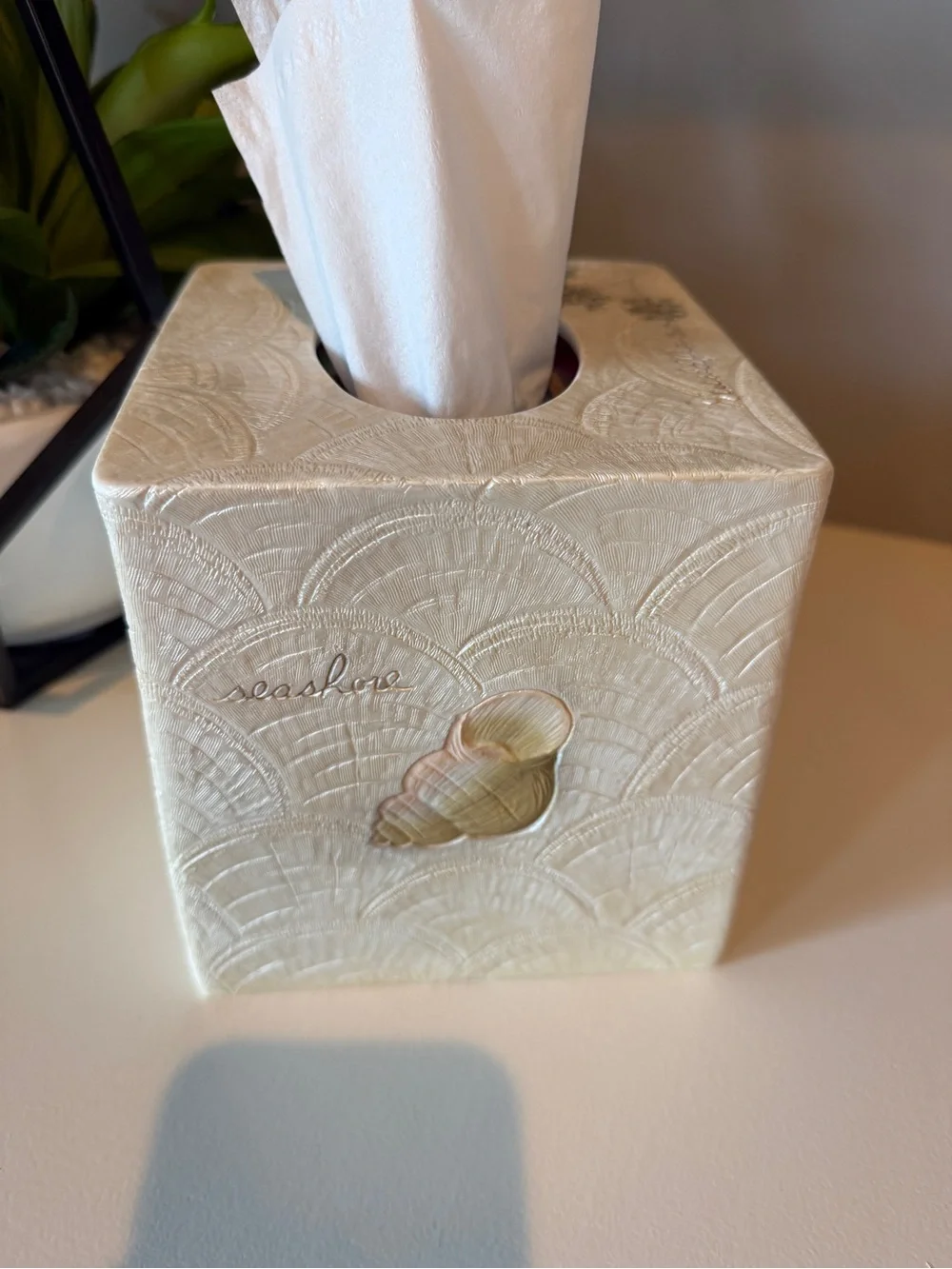 Vintage tissue box cover coastal, beach,lake hand painted seashells & wildflower